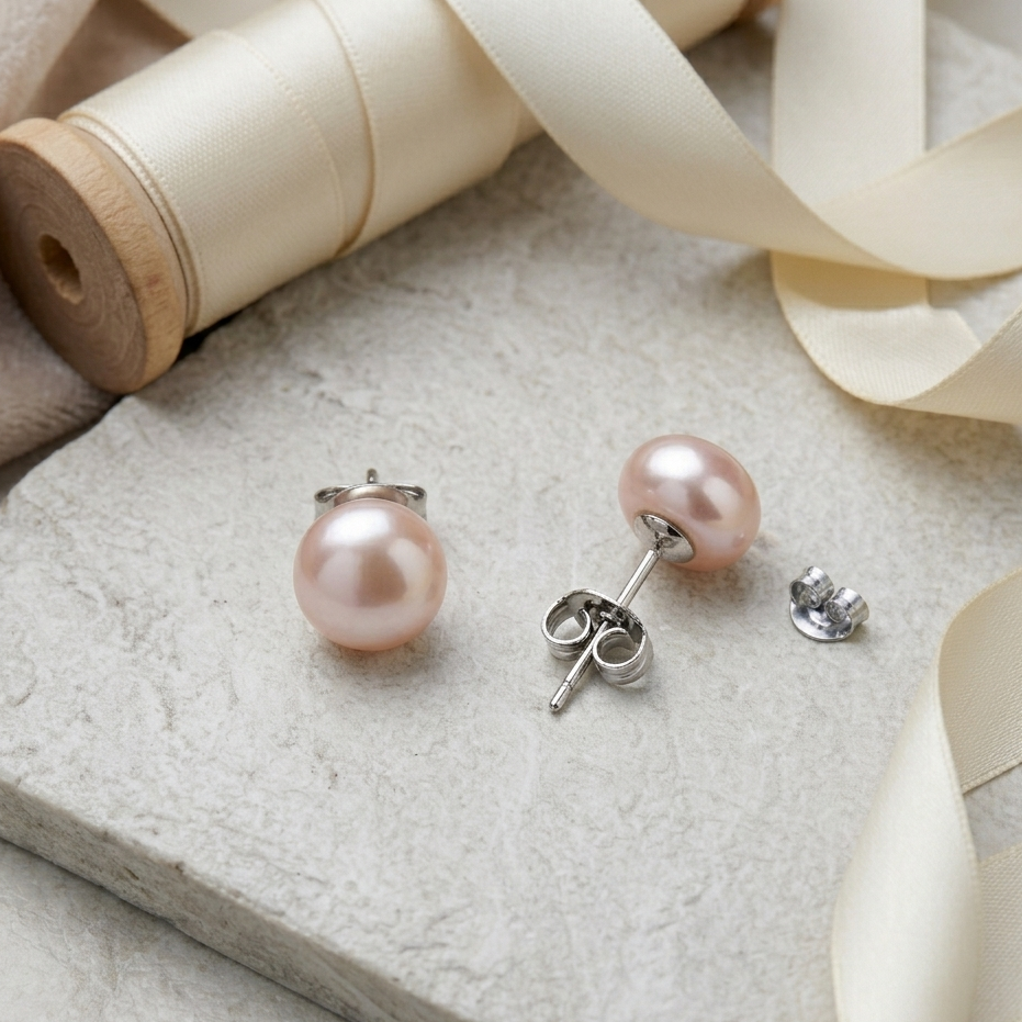 Pink pearl earrings on a stone surface with beige ribbon