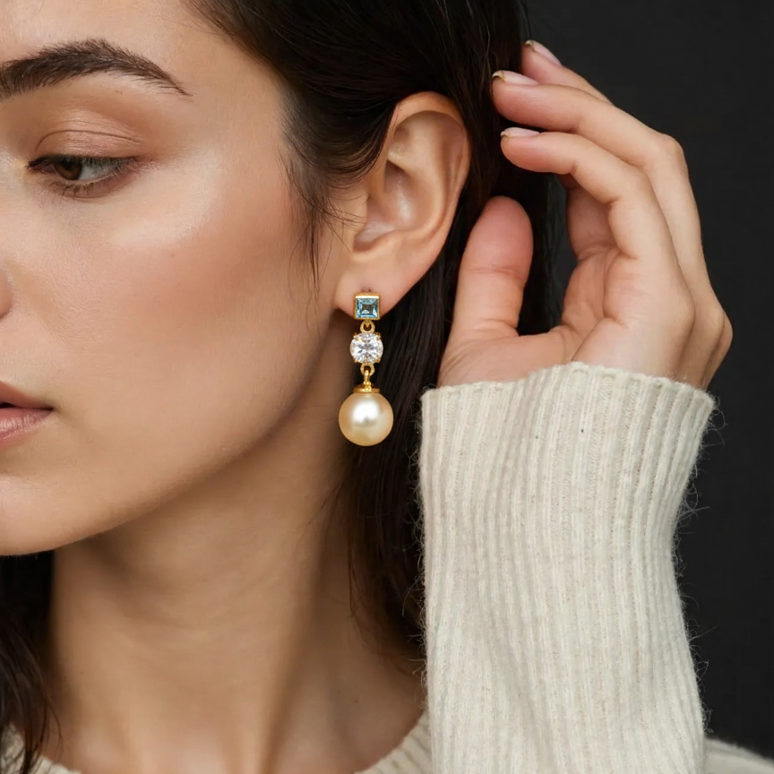 South Sea Pearl with Topaz Earrings 9.5 - 10.5 in 925 Silver