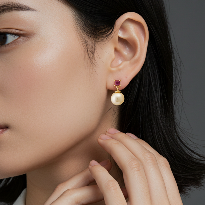 Golden South Sea Pearl with Pink Tourmaline Melbourne Drop Earrings 9.5-10.5mm