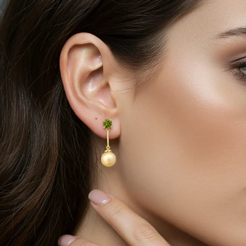 Golden South Sea Pearl with Green Peridot Albany Drop Earrings