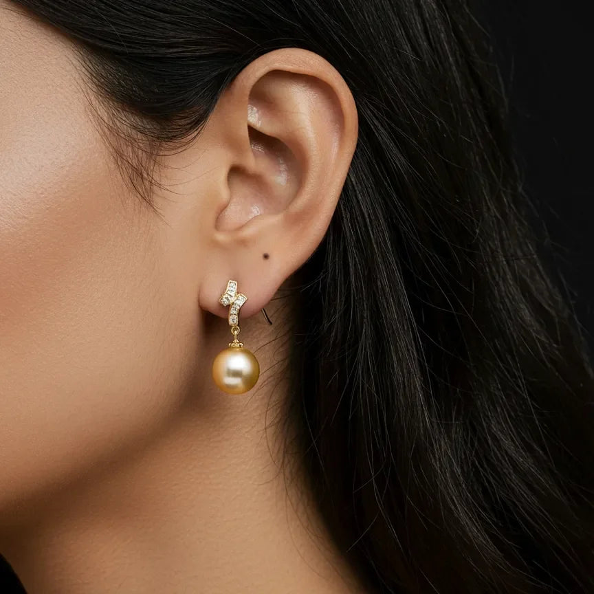 Gold South Sea Pearl Earrings 11 - 12.5 MM in 925 Sterling Silver