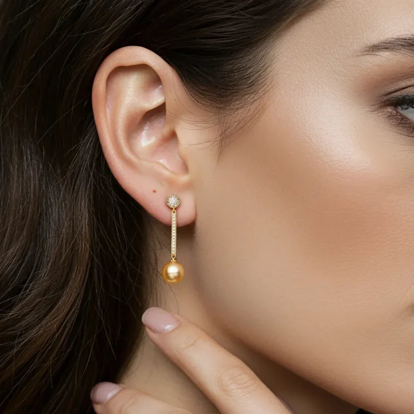 South Sea Gold Pearls Kograh Dangling Earrings 12-13mm AAA
