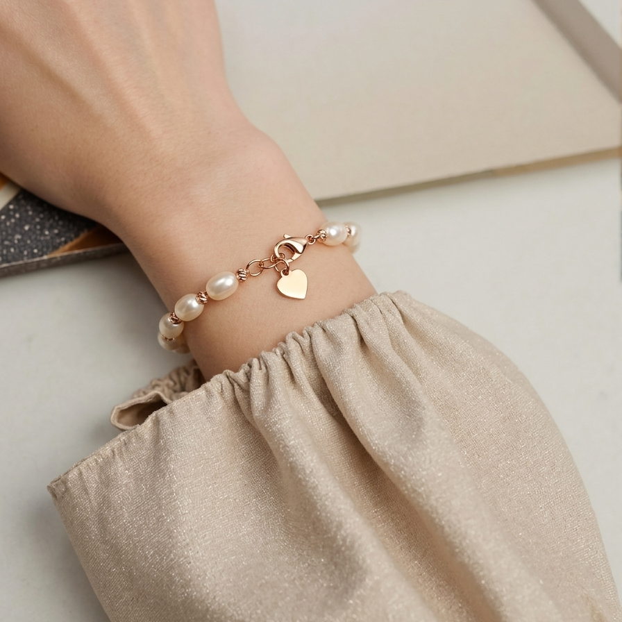 Hand wearing a bracelet with heart charm on a light background
