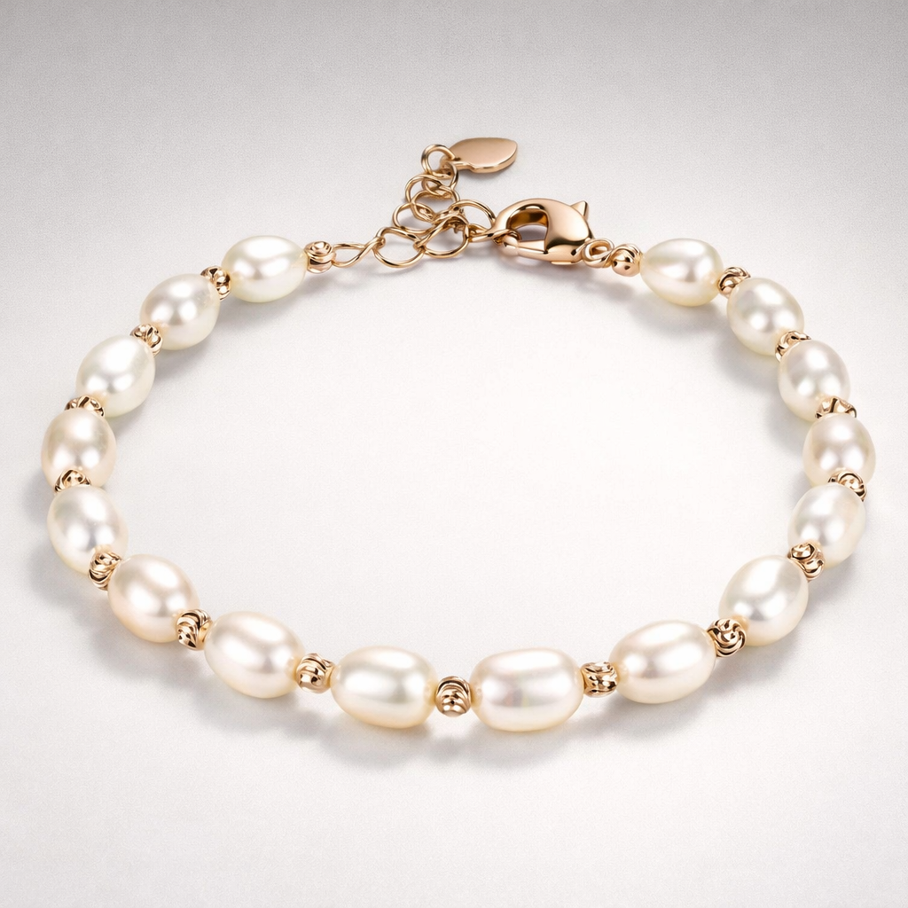Pearl bracelet with gold accents on a light gray background