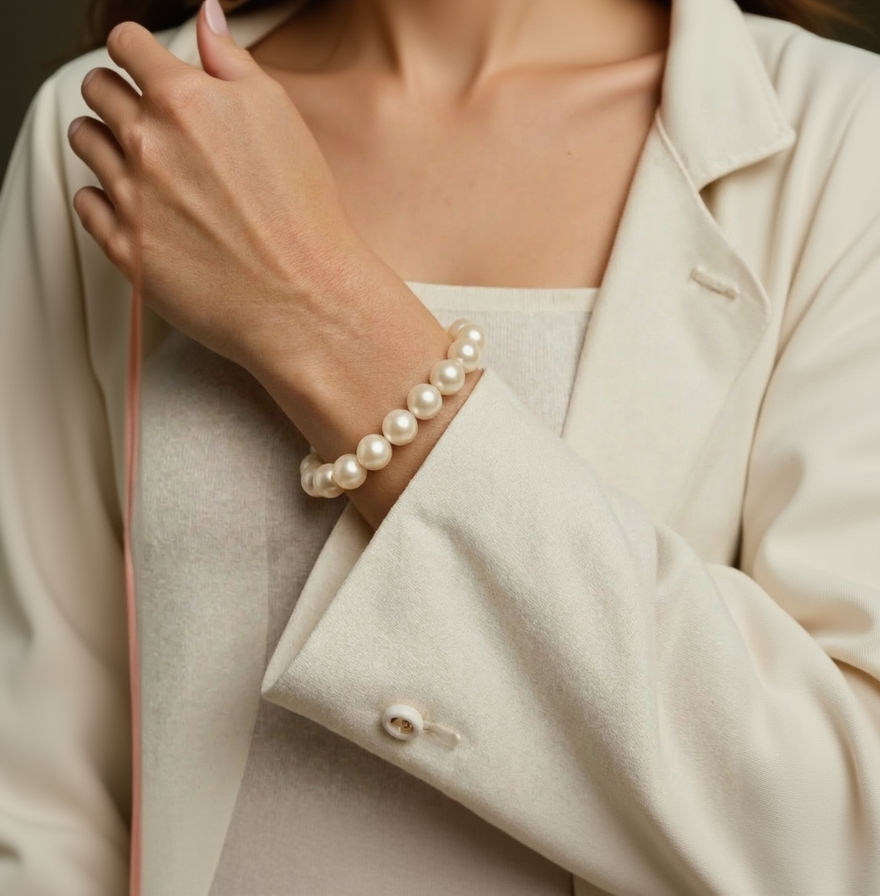 Pearl bracelet on a person wearing a beige suit