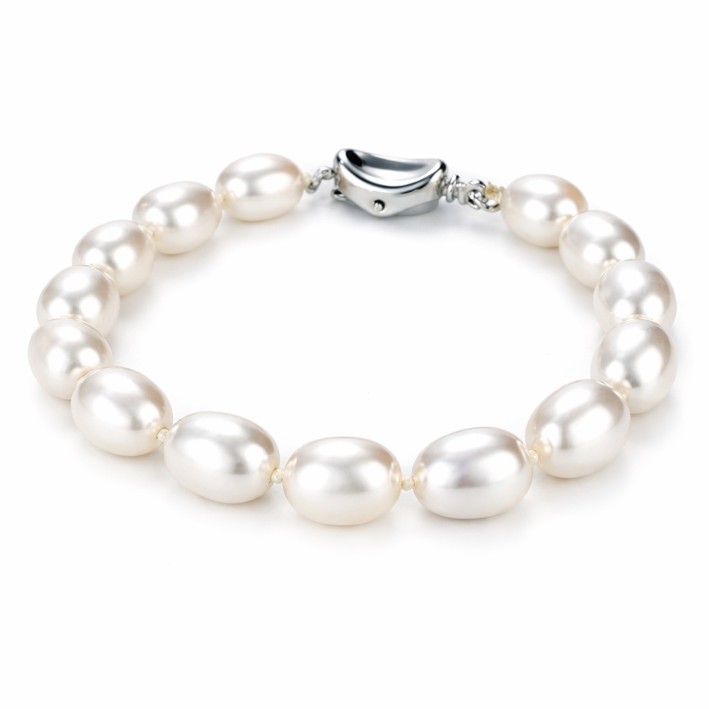 Pearl bracelet with silver clasp on a white background