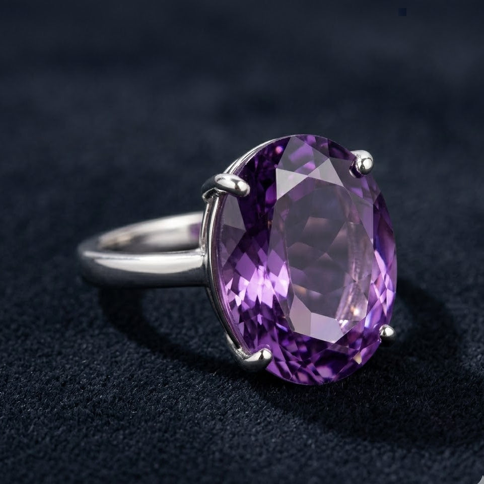 Silver ring with a large purple gemstone on a dark background