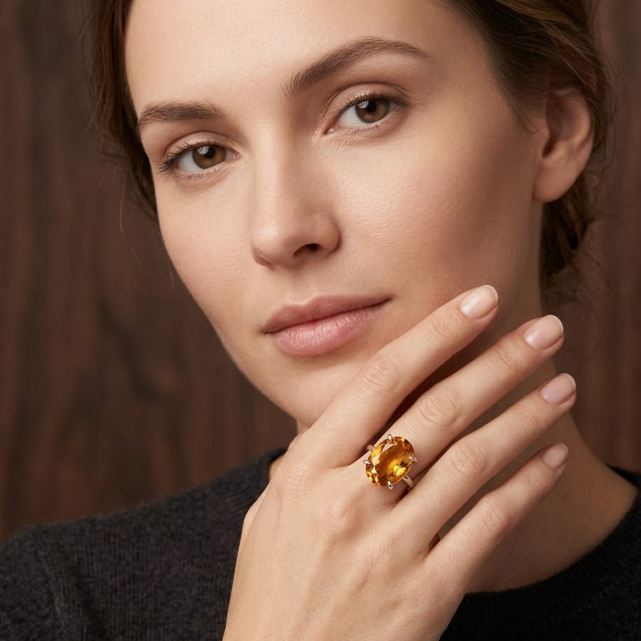 Woman wearing a ring with a large gemstone against a neutral background