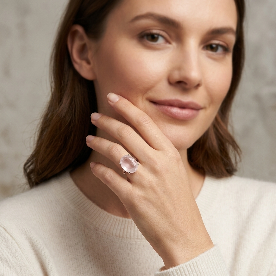 Woman wearing a pink gemstone ring on her finger against a neutral background