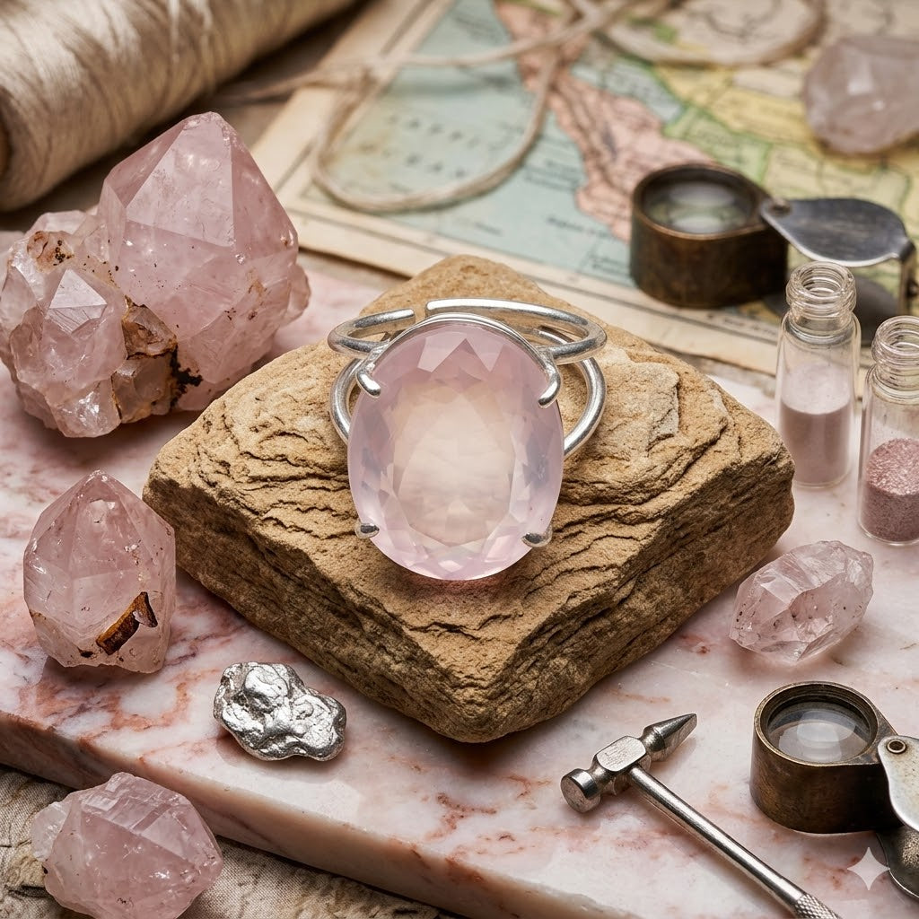Pink crystal ring on a stone surface with pink crystals and tools in the background
