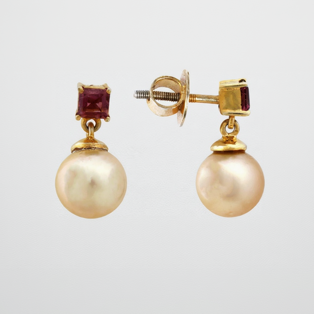 Golden South Sea pearl drop earrings with pink tourmaline