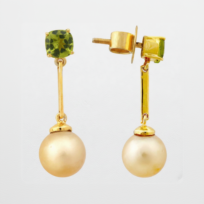 Golden South Sea pearl drop earrings with green peridot