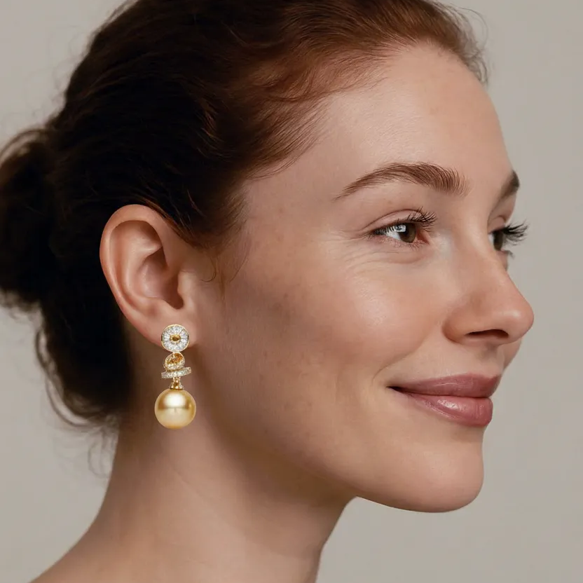 Woman wearing gold earrings with a neutral background