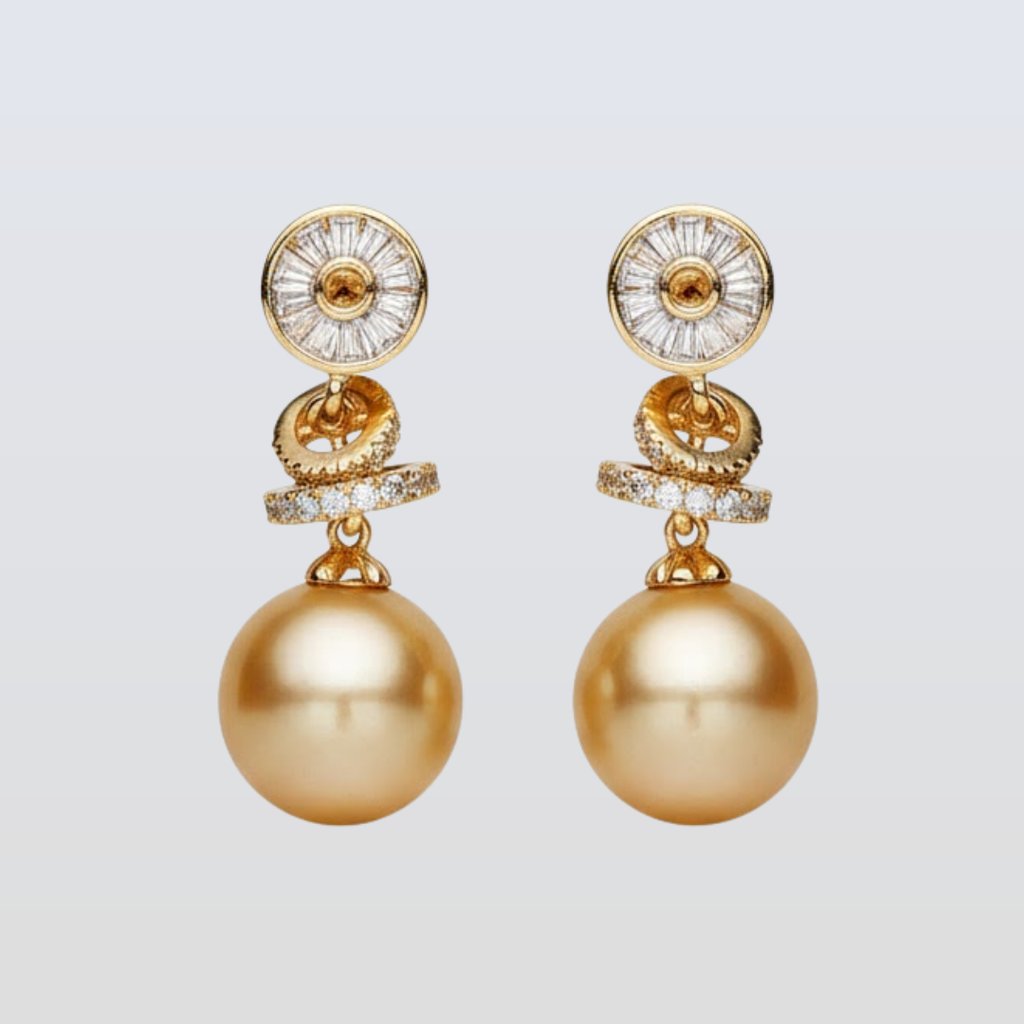 Pair of gold earrings with spherical designs on a light gray background
