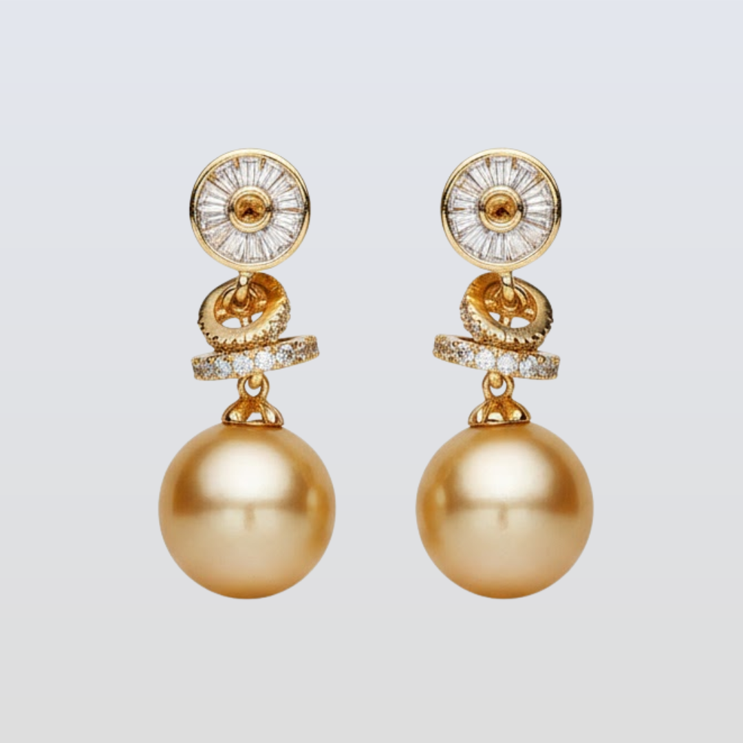 Pair of gold earrings with spherical designs on a light gray background