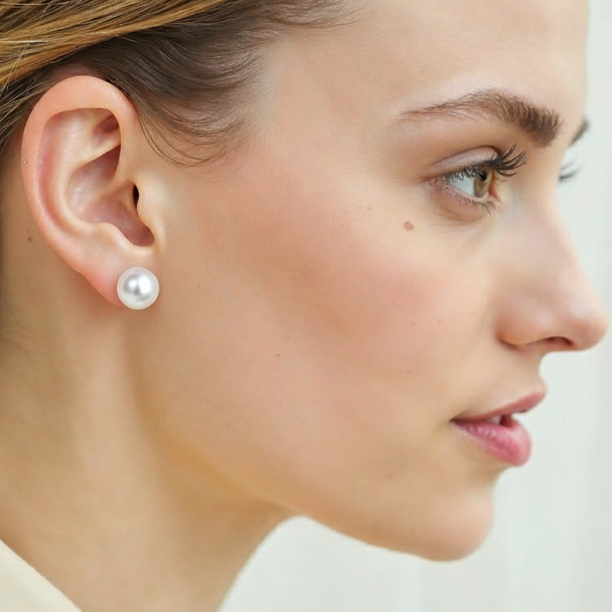 Close-up of a woman wearing pearl earrings with a neutral background