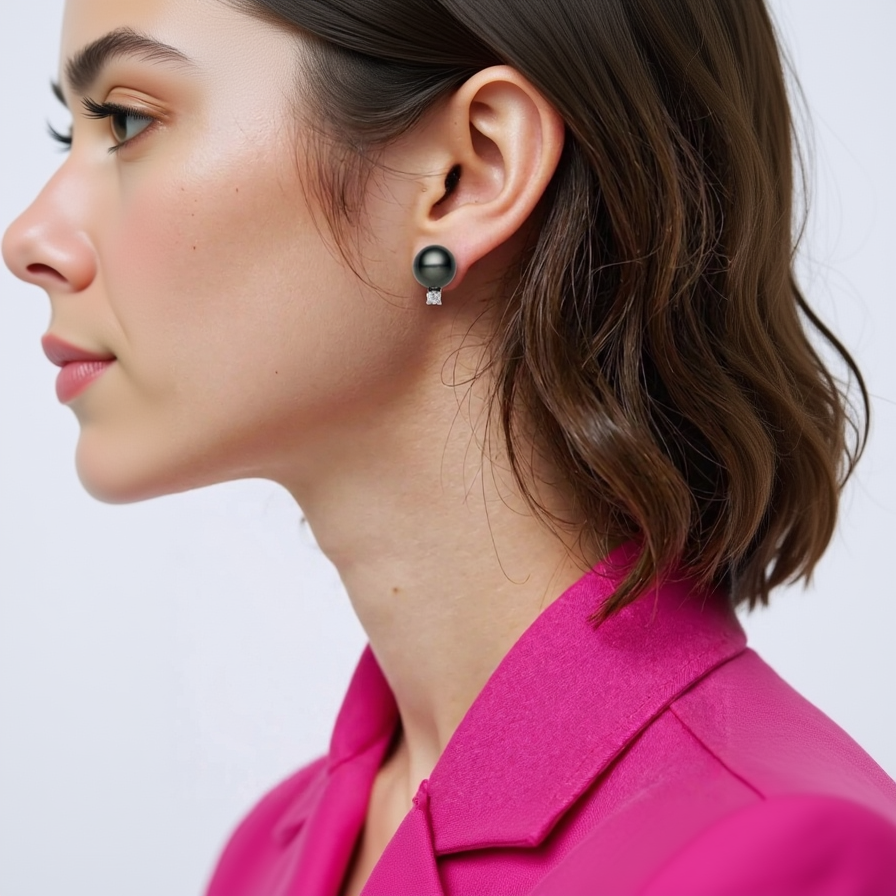 Close-up of a person wearing a black pearl earring with a pink shirt.