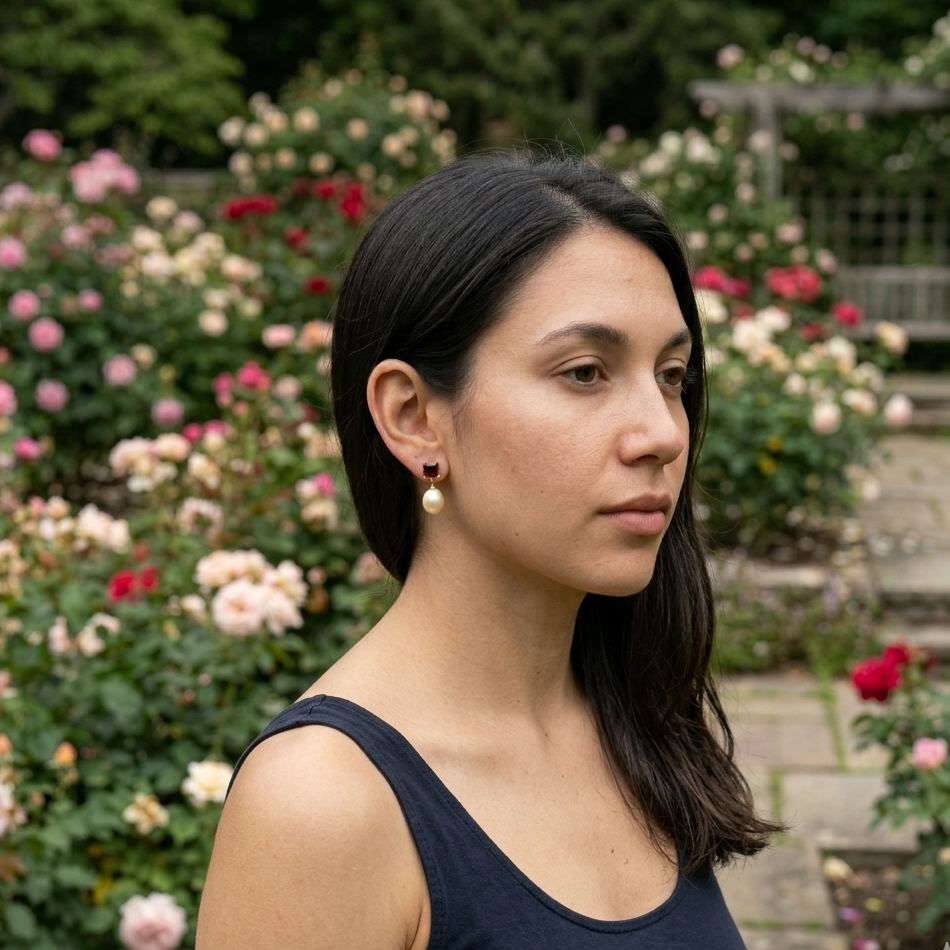 Woman standing in a garden with flowers and a bench in the background