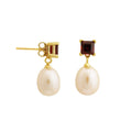 Freshwater Pearl with Garnet Earrings 9 - 9.5 MM in Silver 925 24 CT Gold Plated