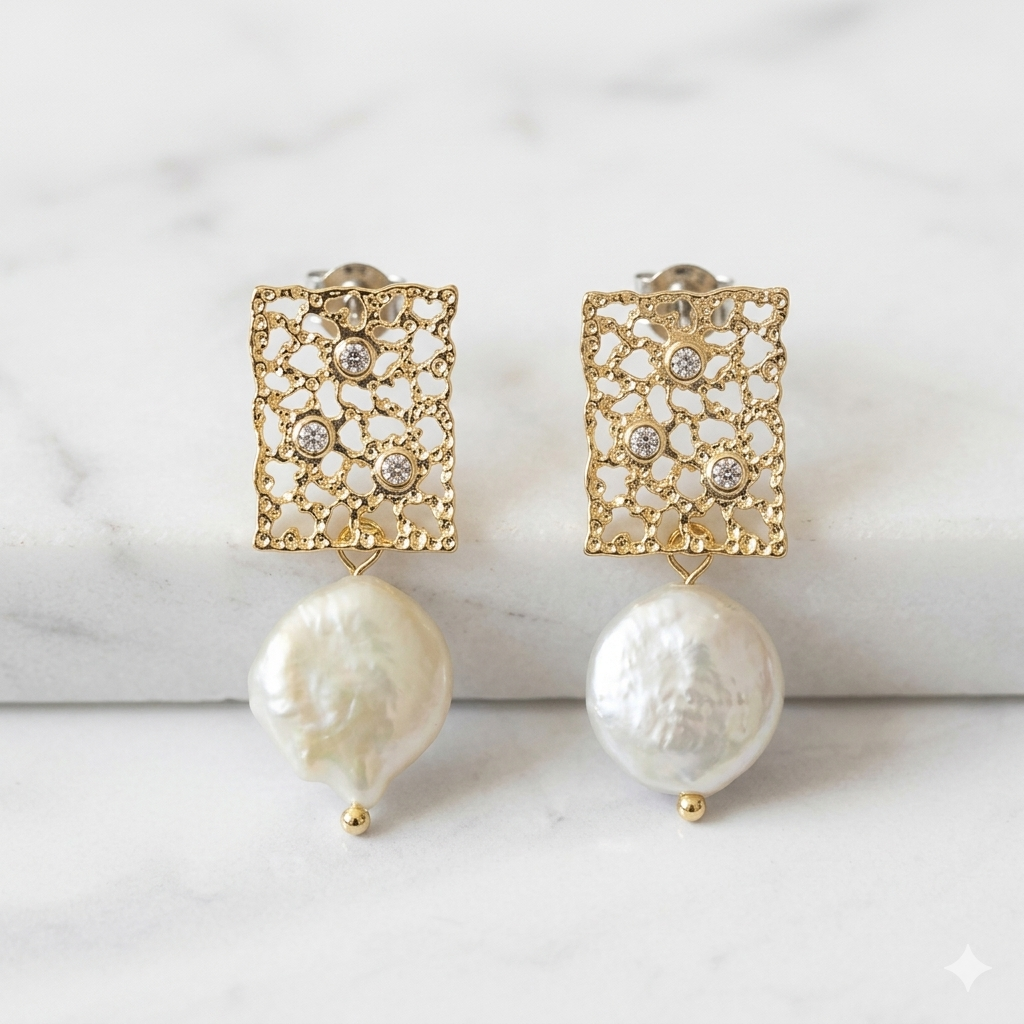 Gold earrings with pearl drops on a white background