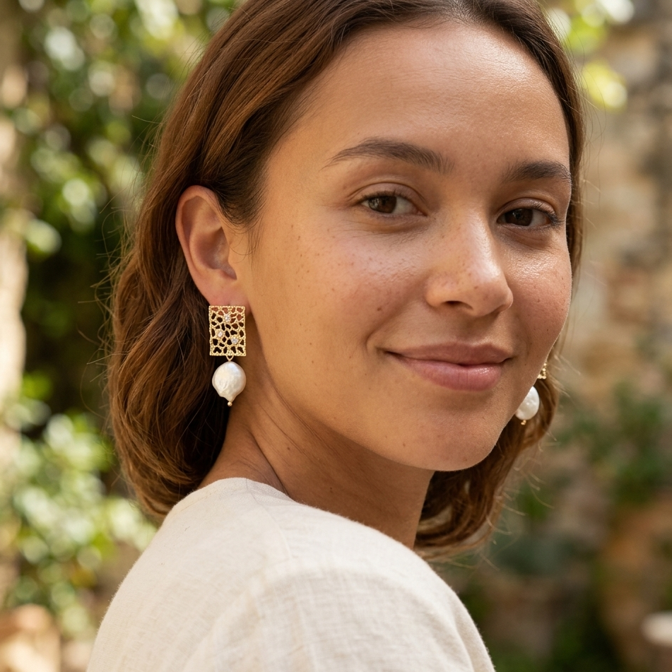 Woman wearing gold earrings with a blurred natural background