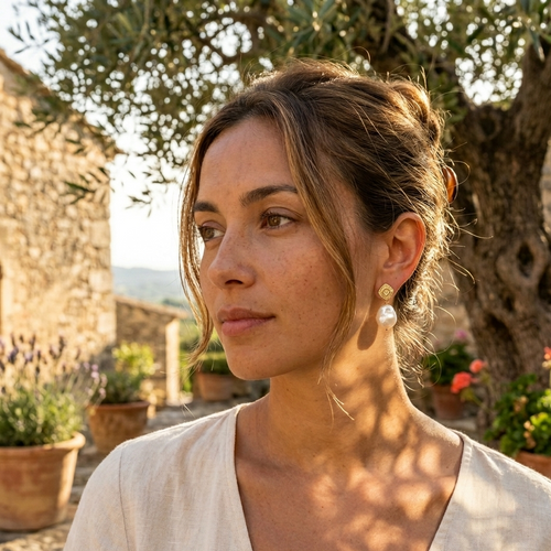 Woman with styled hair and earrings standing outdoors with plants and a stone building in the background