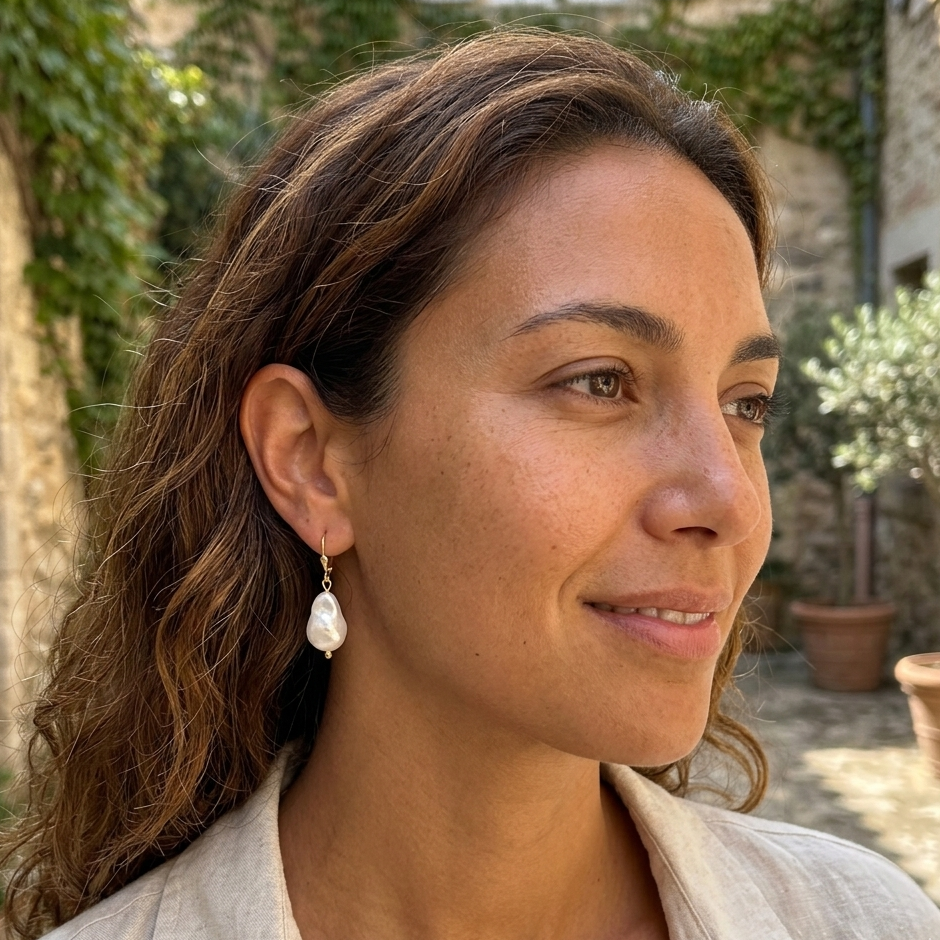 Woman wearing pearl earrings outdoors with stone building and plants in the background