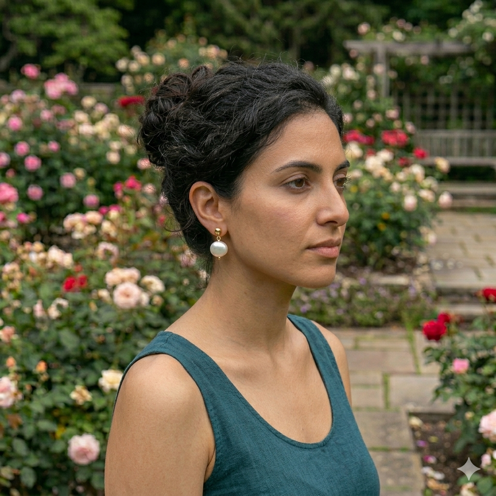 Woman in a green tank top standing in a garden with flowers and a bench in the background