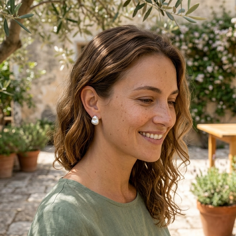 Woman with a smile in an outdoor setting with plants and a table.