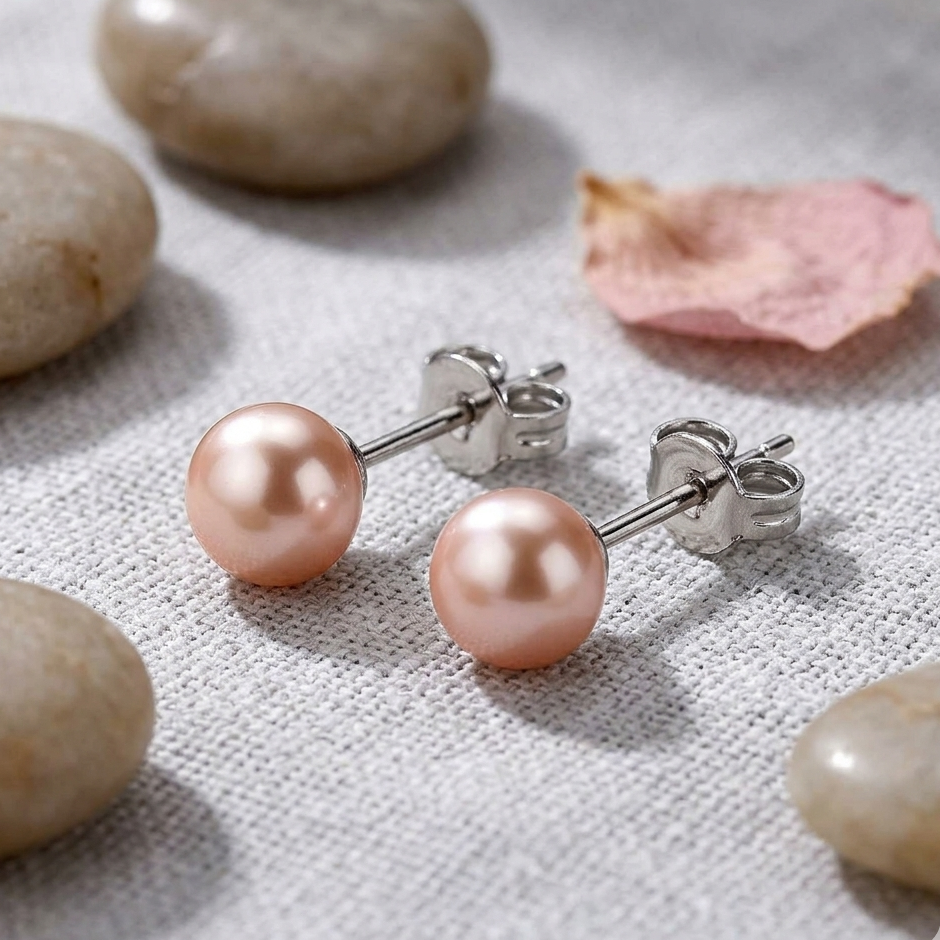 Pair of pink pearl earrings on a textured surface with stones and a pink petal.