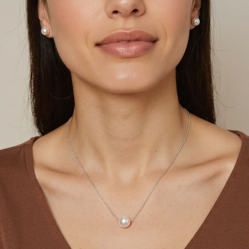 Woman wearing a pearl necklace and earrings against a neutral background