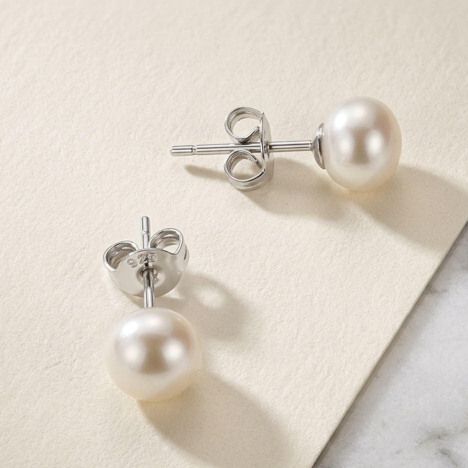 Pearl earrings on a light beige surface with a marble background