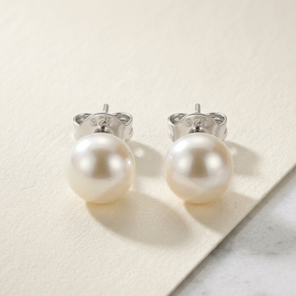 Pearl earrings on a light beige surface with a marble edge