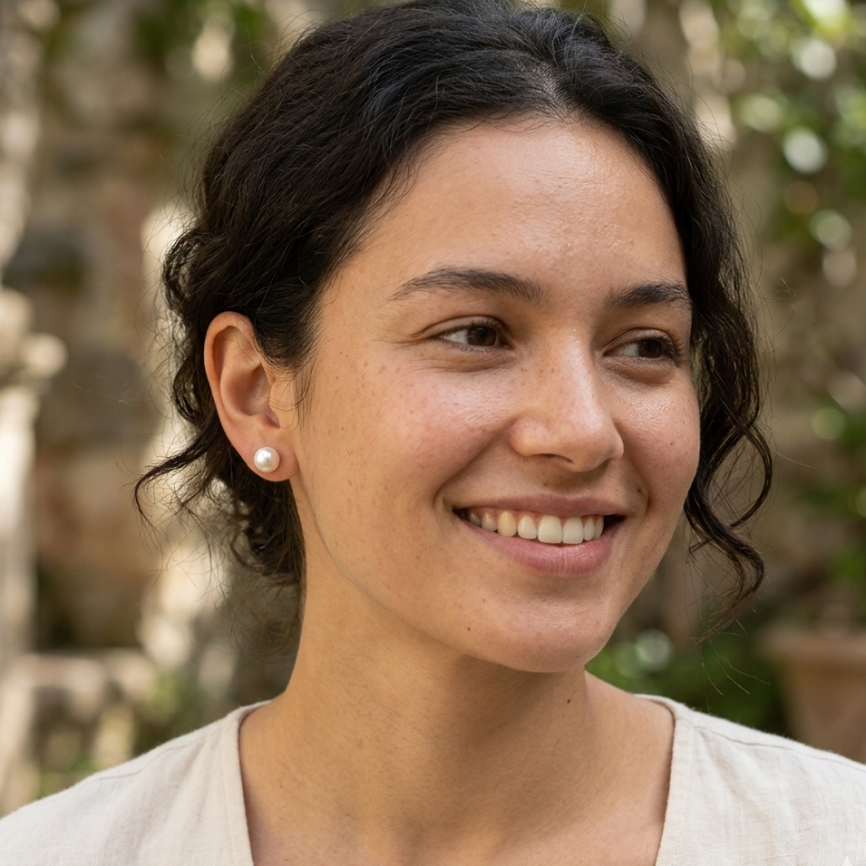 Woman with a smile outdoors with a blurred natural background