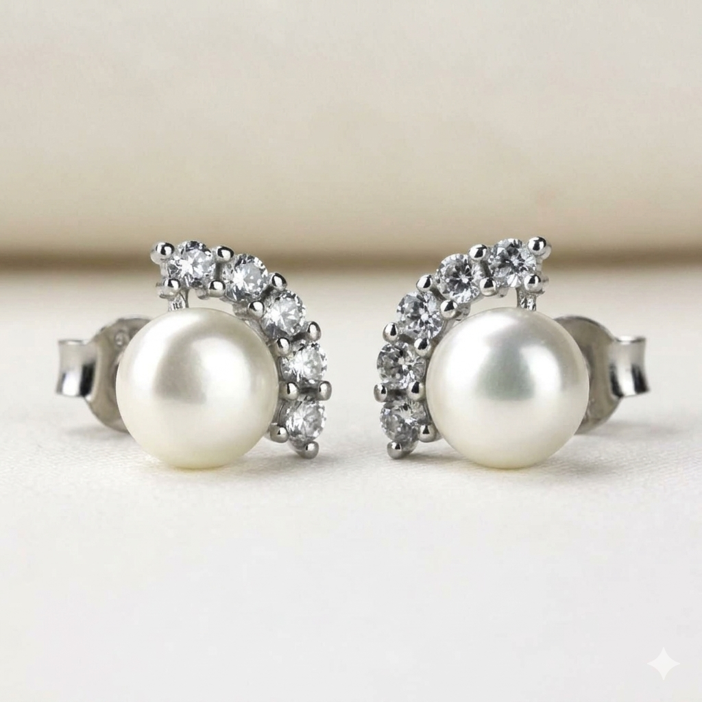 Pair of pearl earrings with diamond accents on a light background