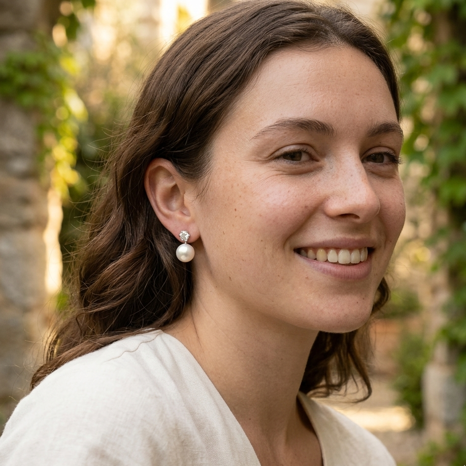 Woman wearing pearl earrings outdoors with greenery in the background