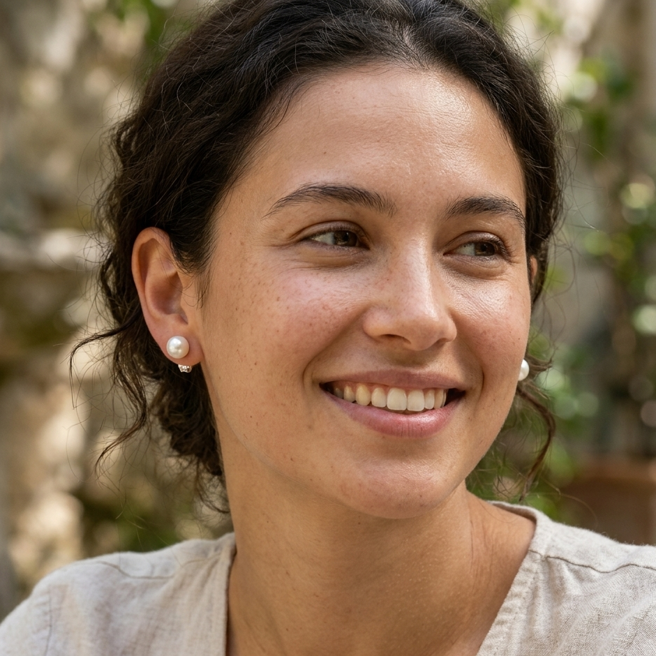 Woman with a smile outdoors with a blurred natural background