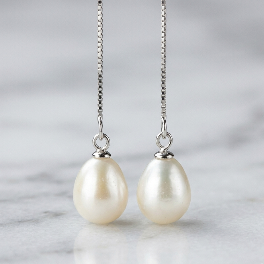 Pearl earrings on a chain against a marble background