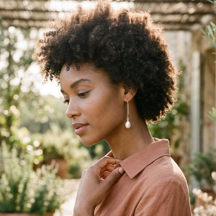 Woman in a garden setting with plants and a wooden pergola in the background