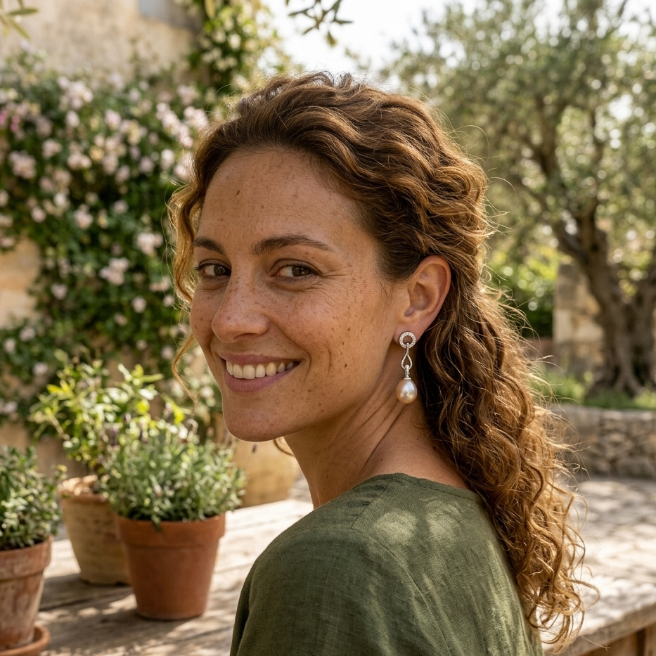 Woman with braided hair smiling outdoors with plants and a stone wall in the background