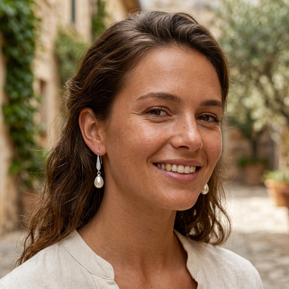 Woman with earrings smiling outdoors in a sunlit setting