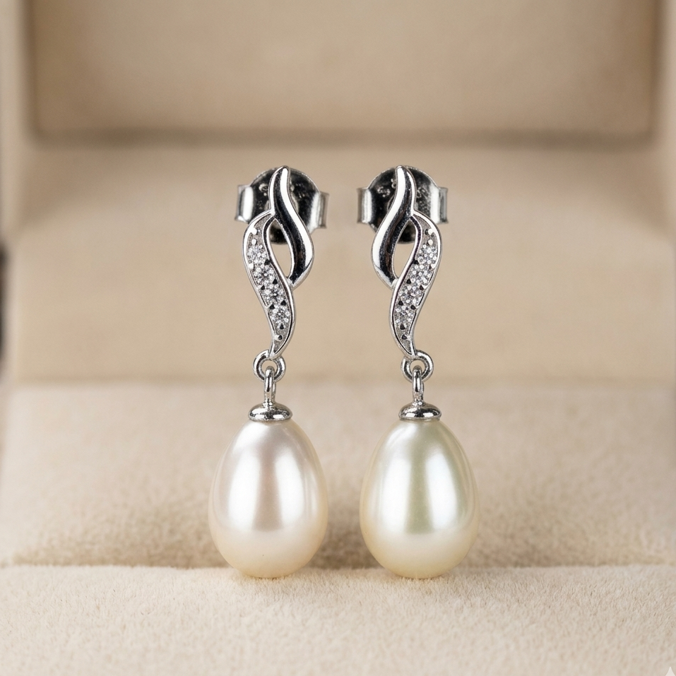 Pearl earrings with silver fixtures on a beige jewelry box