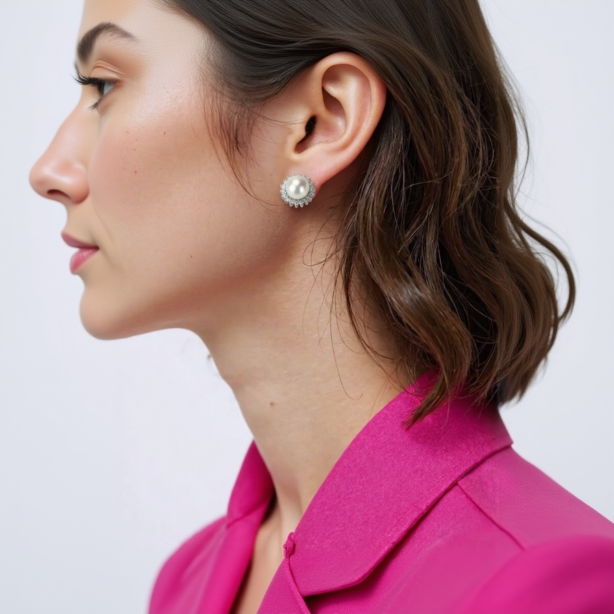Close-up of a person wearing pearl stud earrings with a pink shirt.