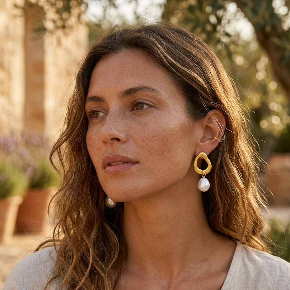 Woman wearing gold earrings with a blurred outdoor background