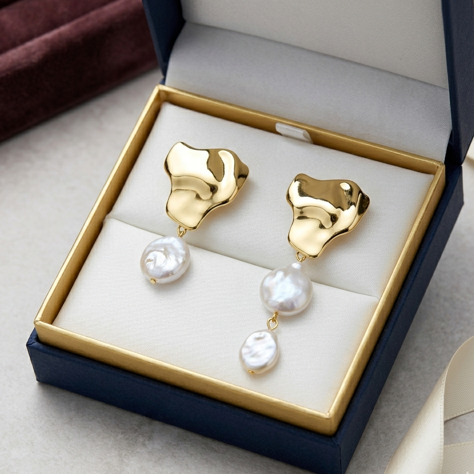 Gold earrings with pearl drops in a jewelry box on a light gray surface.