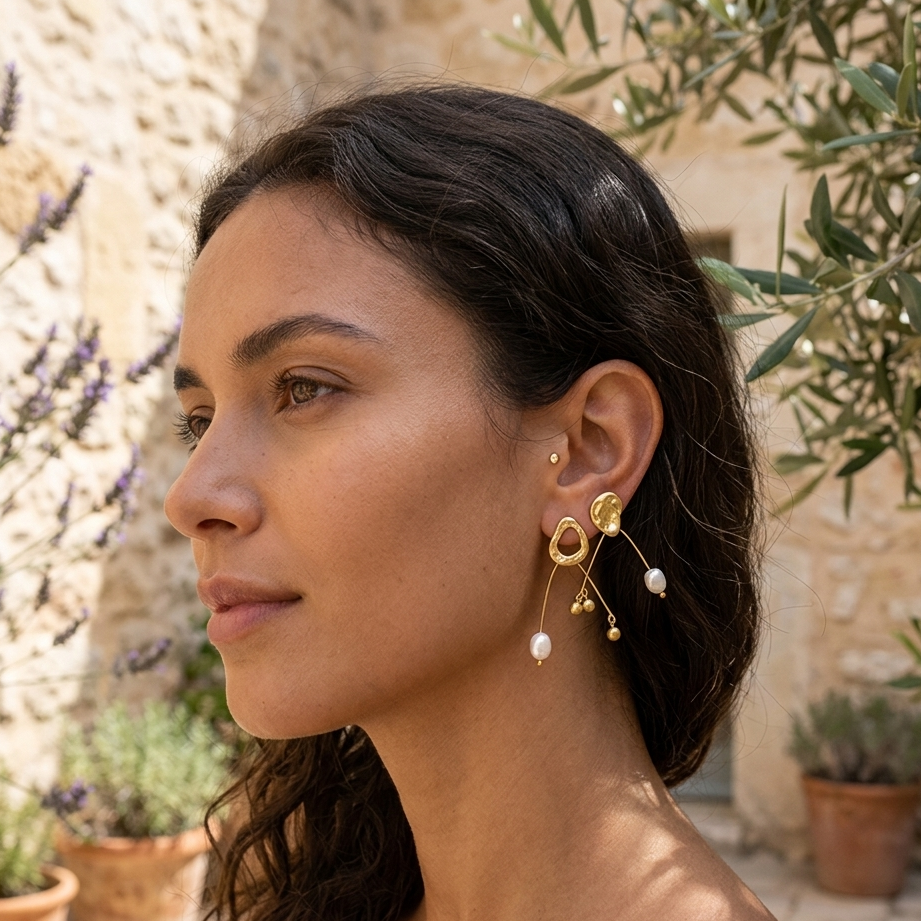 Woman wearing gold earrings with pearls outdoors