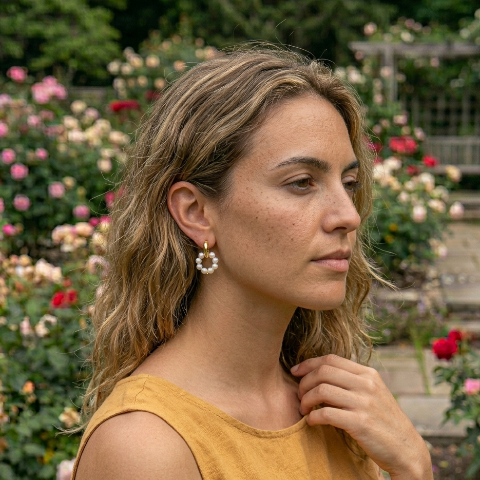 Woman in a yellow top standing in a garden with flowers in the background