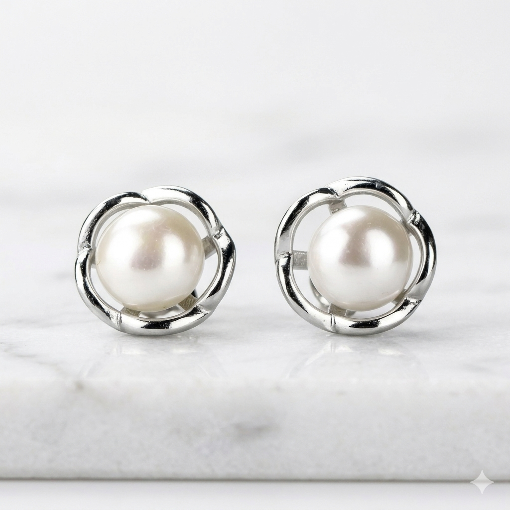 Pearl earrings with silver circular frames on a marble surface