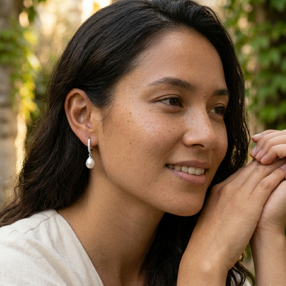 Woman with dark hair and earrings, wearing a white top, sitting outdoors.