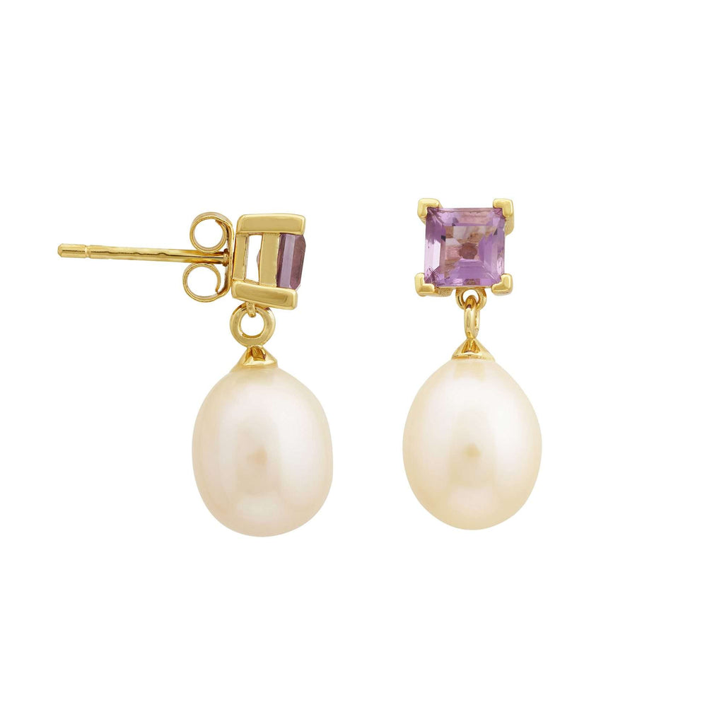 Freshwater Pearl with Amethyst Earrings 9 - 9.5 MM in Silver 925 24 CT Gold Plated